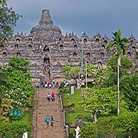 Tourists visiting Borobudur / Barabudur, 9th-century Mahayana Buddhist Temple in Magelang, Central Java, Indonesia