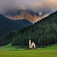 The chapel Sankt Johann at Val di Funes / Villnösstal at sunset, Dolomites, Italy