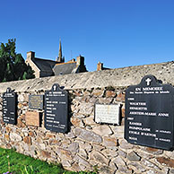 Wall of the Departed at the Ploubazlanec cemetery with the names of 120 boats and 2000 Iceland fishermen lost at sea in the Icelandic waters, Côtes-d'Armor, Brittany, France 