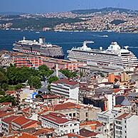 Cruise ships on the Bosporus River and bird's eye view over the city Istanbul, Turkey