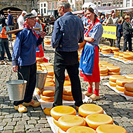 People on wooden clogs at cheese market, Gouda, the Netherlands